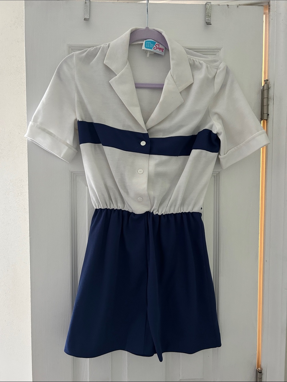 Sage White and Navy Short Sleeve Notch Collar Romper